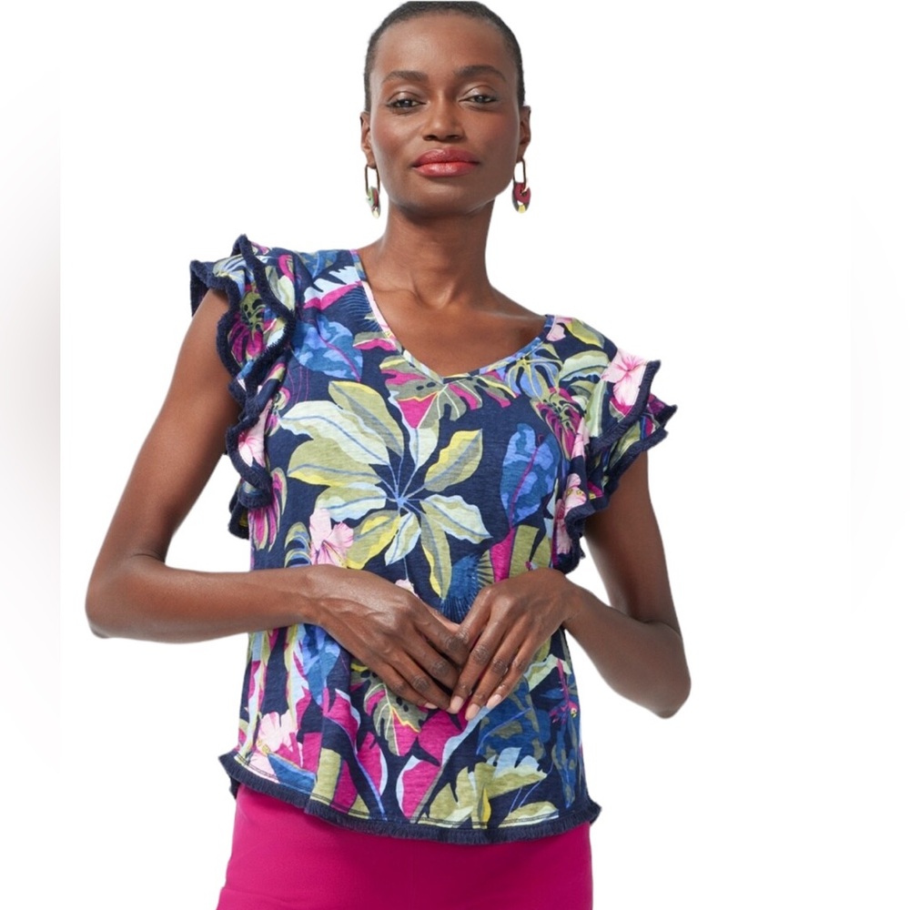 Chico's Tropical Floral Navy Pink Green V-Neck Ruffle Sleeve Blouse - Picture 2 of 15